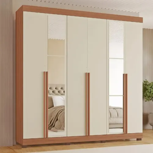 Guarda Roupa 100% MDF Milano Com Espelho Freijó/Off White 6 Portas Grande - Em Oferta