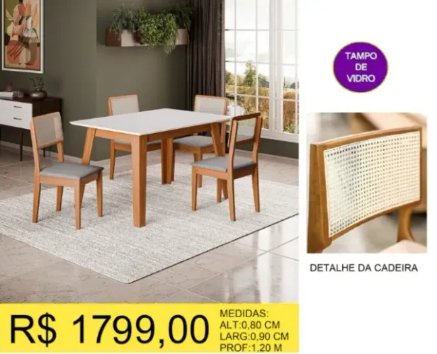 CONJUNTO DE MESA 4 CADEIRAS COM TAMPO DE VIDRO A PRONTA-ENTREGA