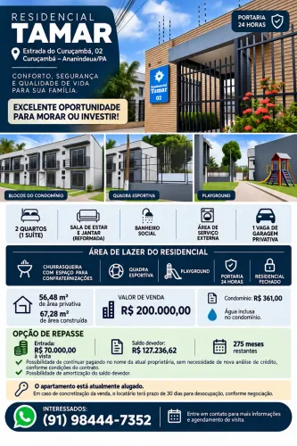 VENDO APARTAMENTO NO RESIDENCIAL TAMAR | CURUÇAMBÁ - ANANINDEUA