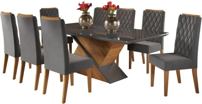 Mesa de Jantar com Tampo de Vidro e 8 Cadeiras Cinza Escuro