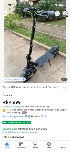 Patinete EcoPower 9GMAX - 1 Mês de Uso, Suspensão e Pneus Largos