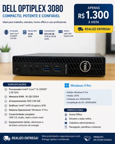 Dell OptiPlex 3080 Micro | Intel Core i5 10ª Geração | 16GB RAM | SSD NVMe 256GB