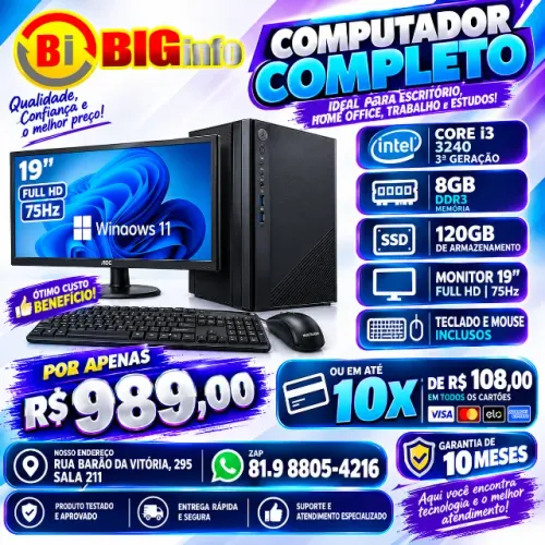 Computador Completo I3 Memória 8GB SSD 120GB Monitor 19 polegadas Em ate 10x Fixas