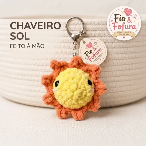 Chaveiro Sol Amigurumi de Pelúcia Feito à Mão Artesanal Kawaii Fofo