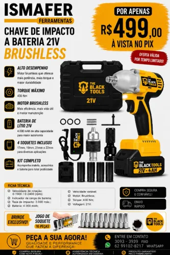 CHAVE DE IMPACTO A BATERIA 21V COM KIT MANDRIL BIVOLT THE BLACK TOOLS - TB-21IK