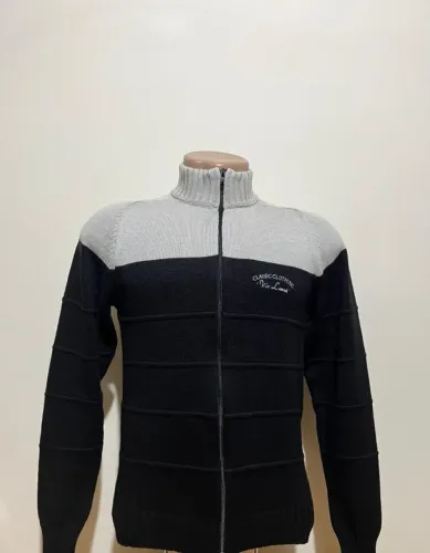 Cardigan de Lã Masculino Preto e Cinza