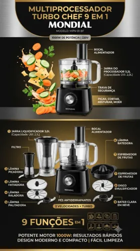 Multiprocessador Turbo Chef 9 em 1, Mondial, Preto, 1000W, 220v, MPN-01-BF