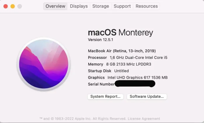 MacBook Air 2019 i5 8GB 256SSD Tela retina de 13 polegadas Touch ID