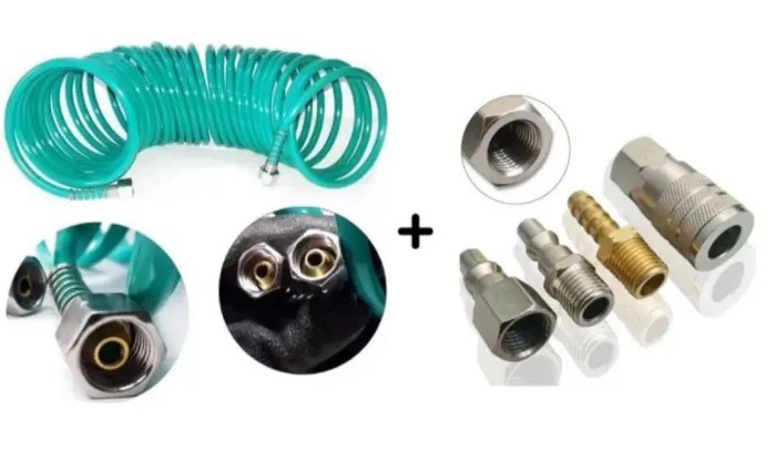 MANGUEIRA 10M ASPIRAL COMPRESSOR/PISTOLA E FERRAMENTAS PNEUMÁTICO COM JOGO DE ENGATES 