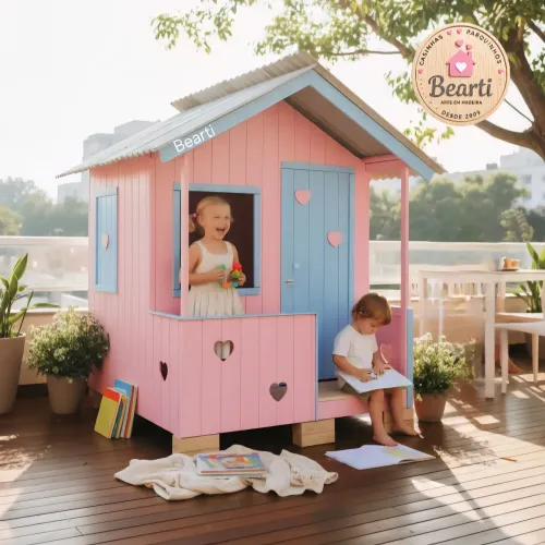 Casinha de boneca rosa com azul  corações 