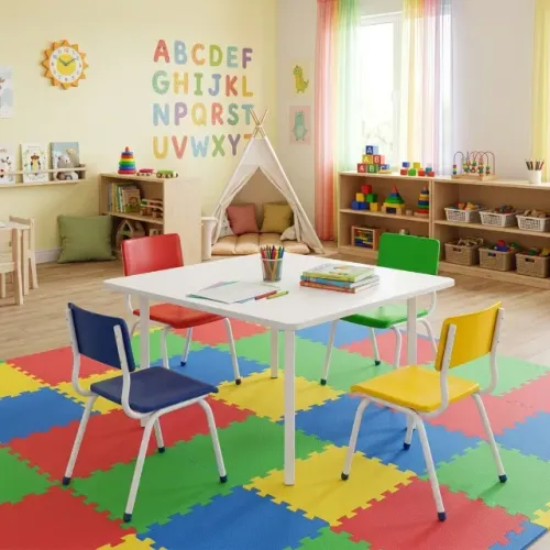Mesa Infantil Com Quatro Cadeiras Coloridas Tampo Branco Conjunto Escolar - 41096