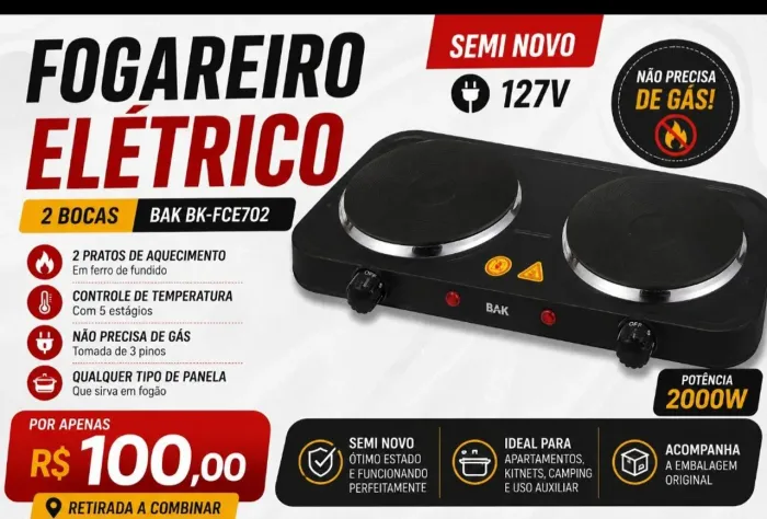 FOGAREIRO ELETRICO 127V SEMI NOVO 02 BOCAS