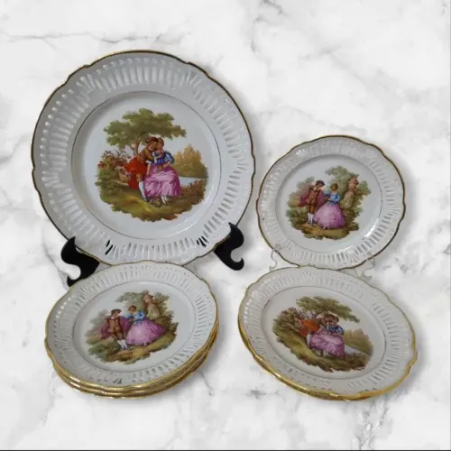 Antigo Jogo Prato Bolo e 6 Pratos Sobremesa Porcelana Bavária Fragonard Cena Galante