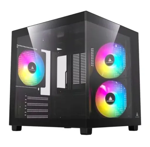 Gabinete Gamer Aquário Acegeek Ori Rainbow Mini-Tower Lateral e Vidro Com 3 Fans Preto, no
