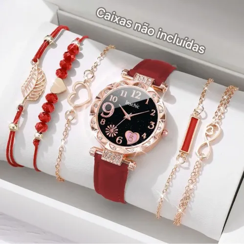 Combo Relógio Feminino + 5 Pulseiras Casuais Ajustáveis 