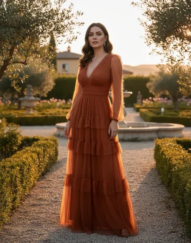 Vestido Festa Madrinha Casamento Manga Longa Babado Inverno Terracota