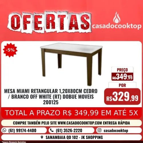 MESA MIAMI RETANGULAR 1,20X80CM CEDRO / BRANCO OFF WHITE (RT) DOBUE MOVEIS
