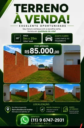 TERRENO EM SALTINHO SP, PLANO 5X25= 125 M²