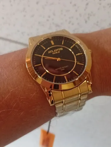 Relógio Atlantis Gold folheado masculino a prova dágua novo na caixinha