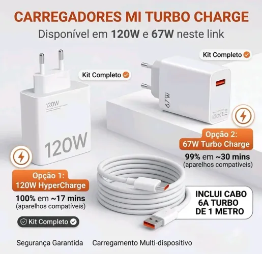 Carregador Turbo 120w com cabo USB 1m para Type C 6A Fonte tipo C 1M Carga Rápido.