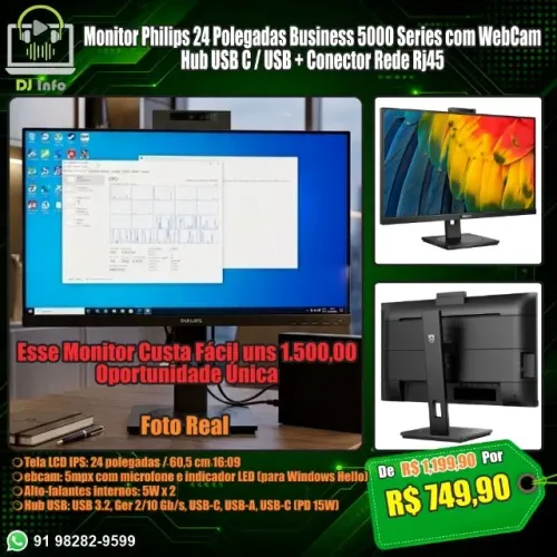 Monitor Philips 24" Business 5000 Series WebCam Hub USB C / USB + Conector Rede RJ45