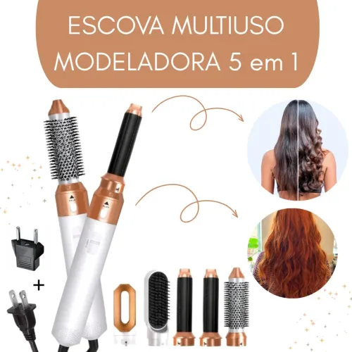 Escova 5 em 1 multiuso 110v, branca c dourada, seca, modela, alisa e penteia 