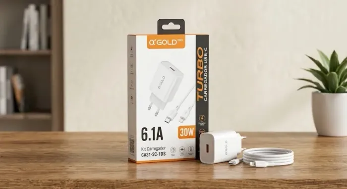 Kit Carregador Turbo 30W USB-C ?'Gold Pro + Cabo Lightning 6.1A