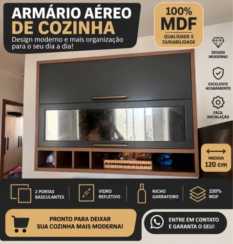 Armário Aéreo p / cozinha Syrah 2 portas basculante cic vidro reflete e nicho garrafeira