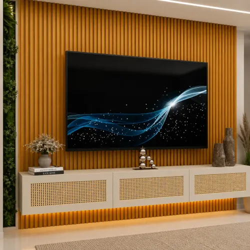 PAINEL RIPADO - COM NICHO TELA RATTAN E LED - MEDIDAS 2.50x2.18