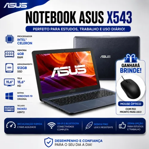 Notebook Asus X543 Intel Core i3 4GB RAM 512GB SSD Windows 11 Notebook para Estudos