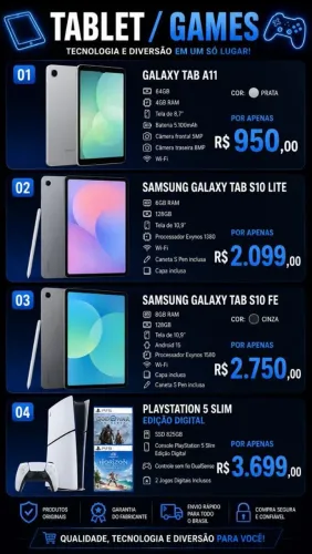 Tablets Samsung Galaxy (Tab A11 / S10 Lite / S10 FE) e PlayStation 5 Slim Novos