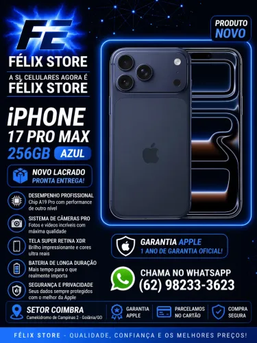  iPhone 17 Pro Max 256GB Azul Novo Lacrado | Garantia Apple | FÉLIX STORE Goiânia