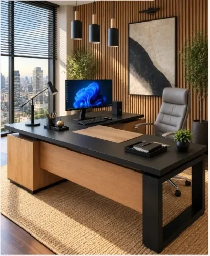 Mesa De Escritório CEO Thick Delluxe: L220cm x P170cm x A74cm. Via WhatsApp