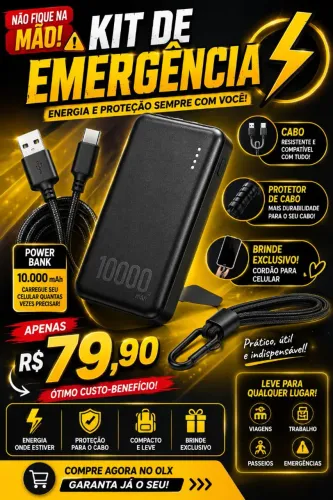 ? Power Bank 10.000mAh + Cabo + Protetor + Brinde | Kit Emergência