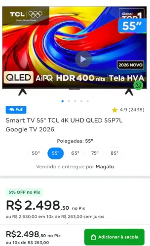 Smart TV 55" TCL 4K UHD QLED 55P7L Google TV 2026