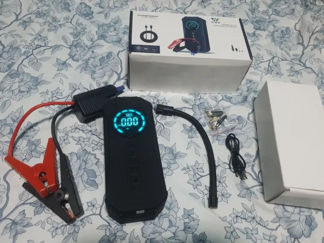 Carregador de ar portátil, powerbank e auxiliar de partida
