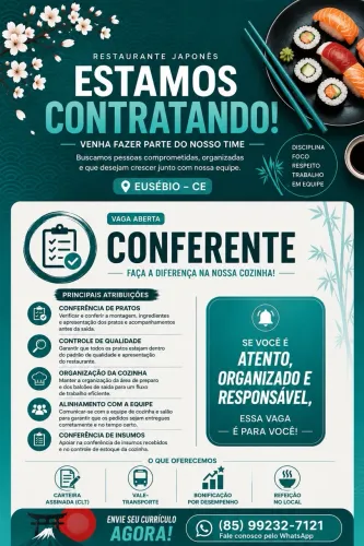VAGA DE CONFERENTE EM RESTAURANTE NO EUSÉBIO