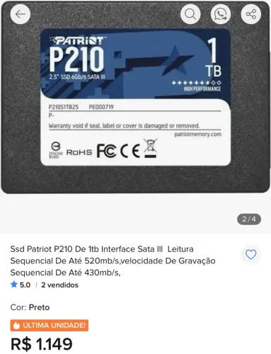 SSD Patriot P210 De Itb Interface Sata III