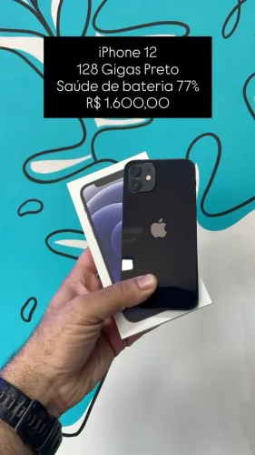 iPhone 12 / 128GB / Preto / Saúde de bateria 77% / R$1.600,00 / Loja Física