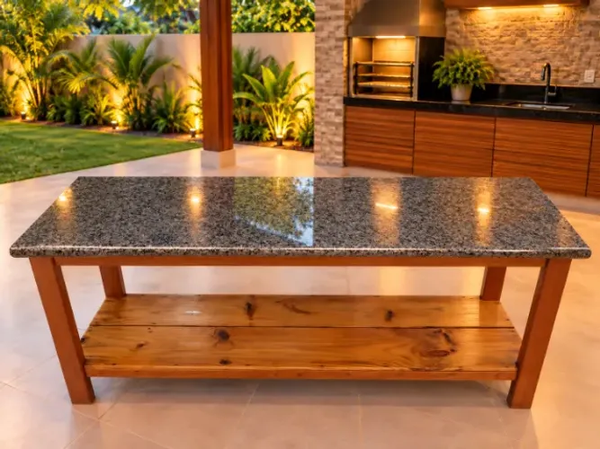 Mesa Gourmet 2 Metros x 0,60 - Granito Polido e Madeira Angelim-Pedra Maciça