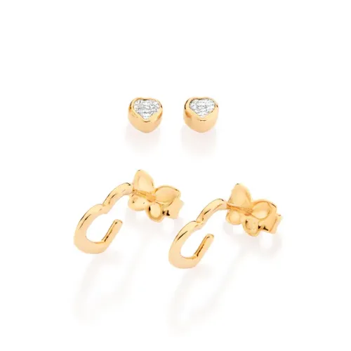 Rommanel - Kit brinco meia argola coração e solitário banhado a ouro 18k com zircônias