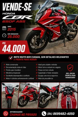 Honda CBR 650f 2016<br><br>HONDA CBR 650F 2016 - VERMELHA<br><br>HONDA CBR 650F 2016 - VERMELHA