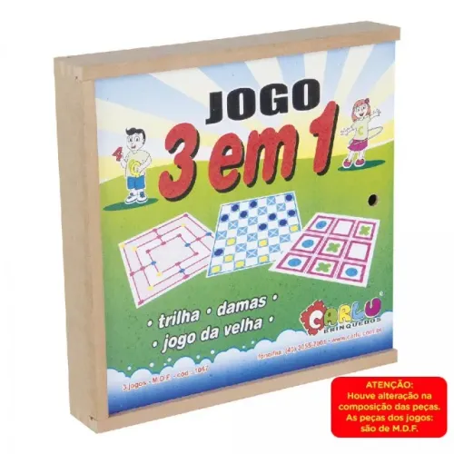 Jogo 3 em 1 - Trilha, Damas, Jogo da Velha MDF - Carlu 1067