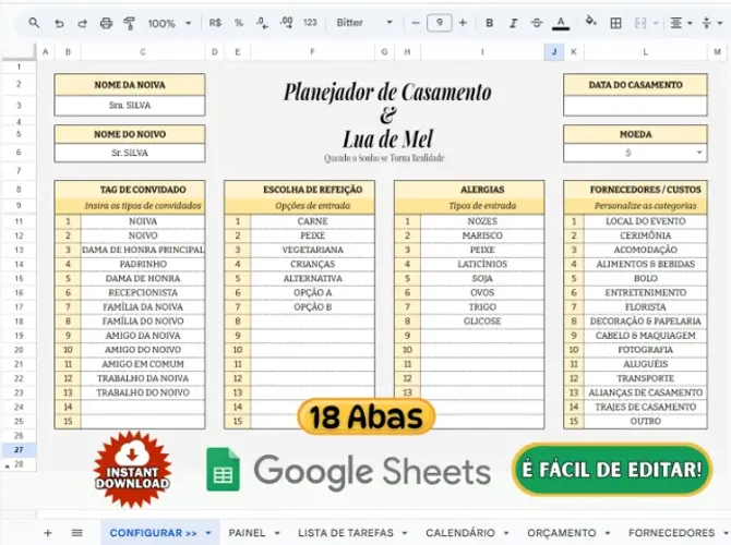 Planejador de Casamento e Lua de Mel-Pacote Completo de Planilhas-18 Abas-Planilhas Google