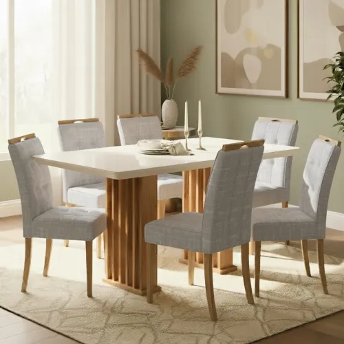 Mesa de Jantar 160 Off White com 6 Cadeiras Madeira Maciça 