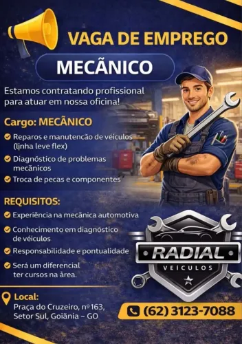 Vaga de emprego mecânico e auxiliar de mecânico