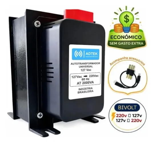 Auto Transformador Adtek 2000va Bivolt 110v 220v E 220v 110v Com Proteção Térmica 