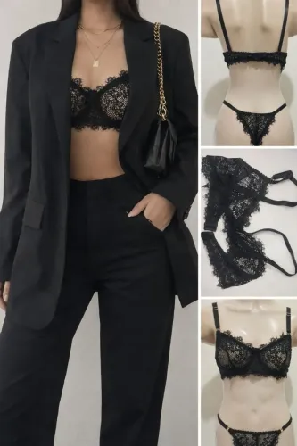 Conjunto, Sutiã sem Bojo com Aro e Calcinha String Fio Renda 