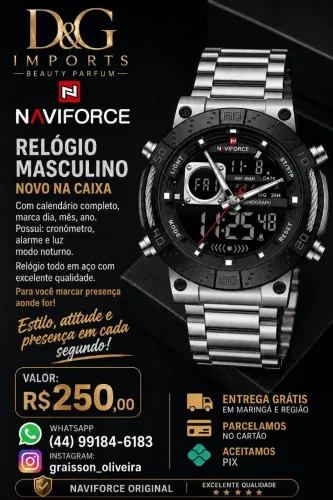 Relógio Masculino Naviforce Calendário Completo, Mostrador Digital e Analógico.