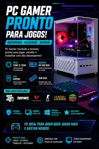 PC GAMER RX 580 8GB + SSD | Pronto para Jogos | R$ 1.599